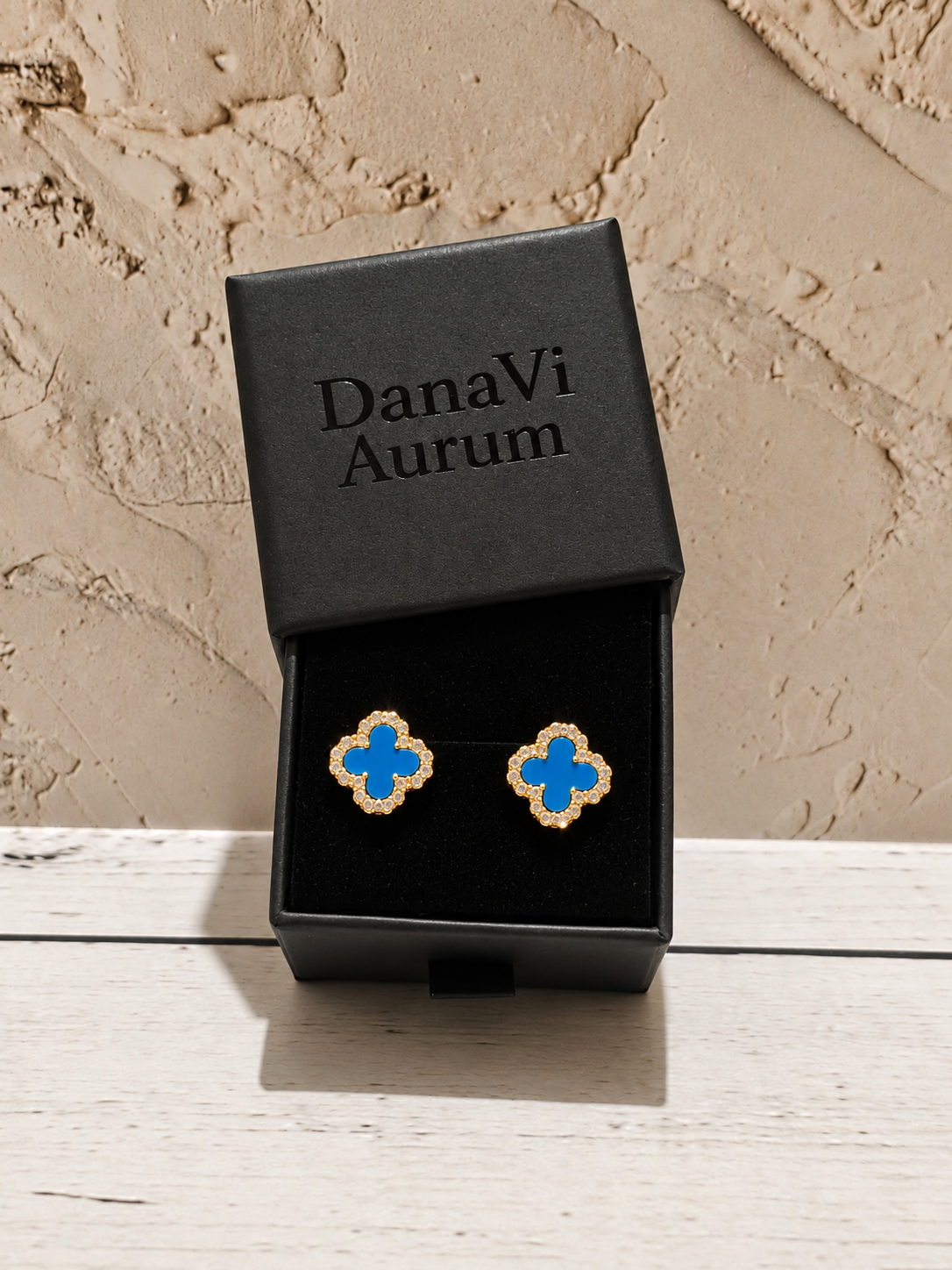 Blue Clover Stud Earrings – 925 Sterling Silver, 14K Gold Plated