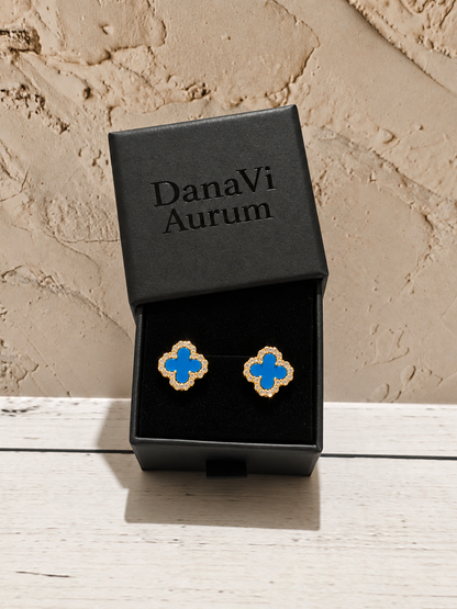 Blue Clover Stud Earrings – 925 Sterling Silver, 14K Gold Plated
