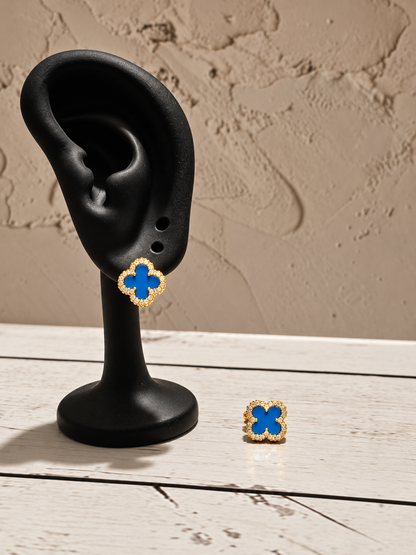 Blue Clover Stud Earrings – 925 Sterling Silver, 14K Gold Plated