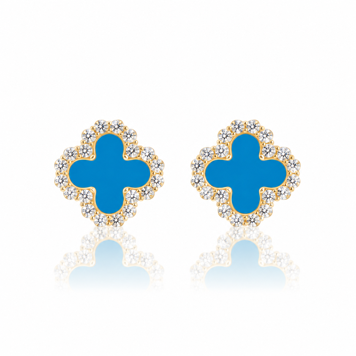 Blue Clover Stud Earrings – 925 Sterling Silver, 14K Gold Plated