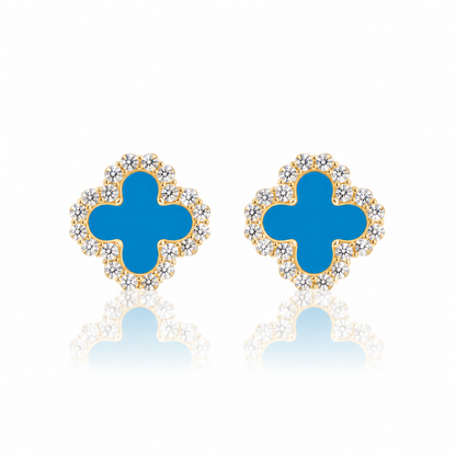 Blue Clover Stud Earrings – 925 Sterling Silver, 14K Gold Plated