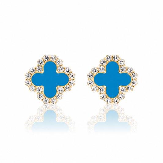 Blue Clover Stud Earrings – 925 Sterling Silver, 14K Gold Plated
