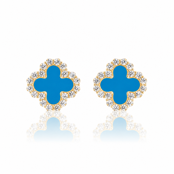 Blue Clover Stud Earrings – 925 Sterling Silver, 14K Gold Plated