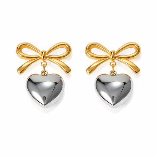 Bow Heart Drop Earrings – Mixed Metal