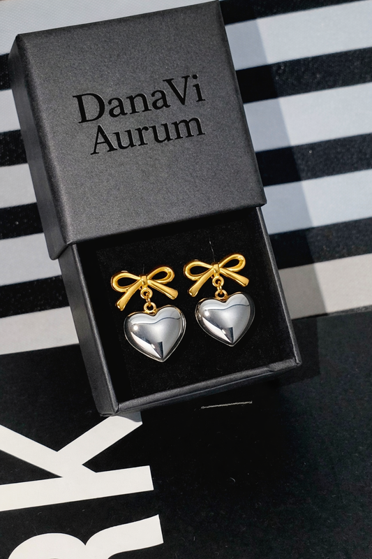 Bow Heart Drop Earrings – Mixed Metal