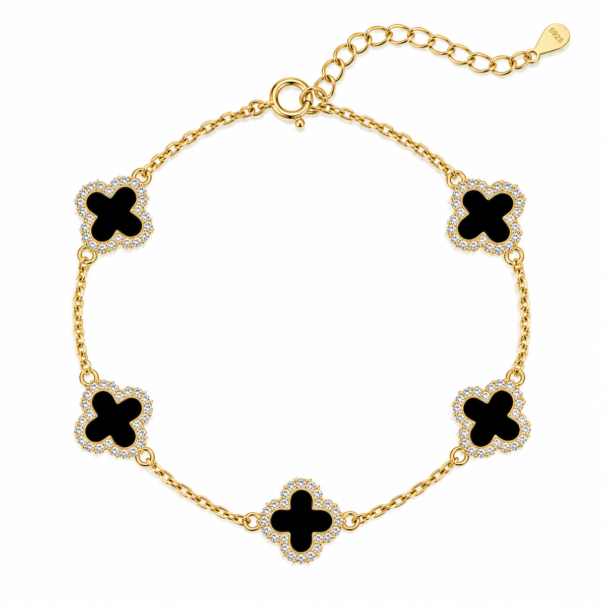 Clover Luxe Black Bracelet – 925 Sterling Silver, 14K Gold Plated