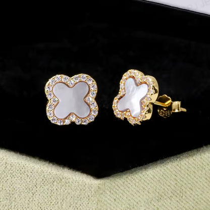 925 Sterling Silver White Clover Stud Earrings – 14K Gold Plated
