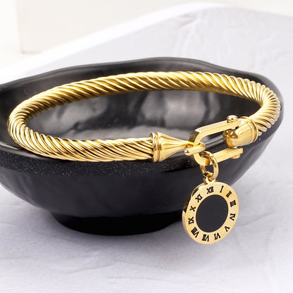 Timeless Cable Bangle – Roman Numeral Charm | Gold Plated