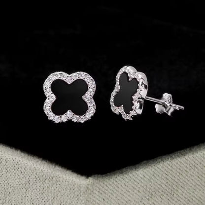 925 Sterling Silver Black Clover Stud Earrings