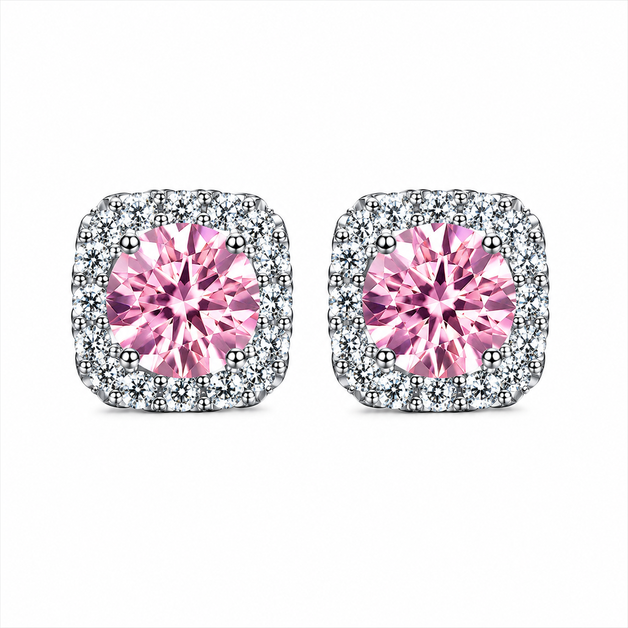 Pink Moissanite Halo Stud Earrings – 925 Sterling Silver