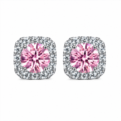 Pink Moissanite Halo Stud Earrings – 925 Sterling Silver