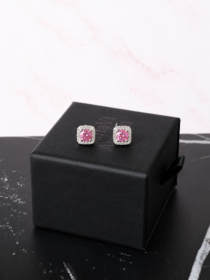 Pink Moissanite Halo Stud Earrings – 925 Sterling Silver