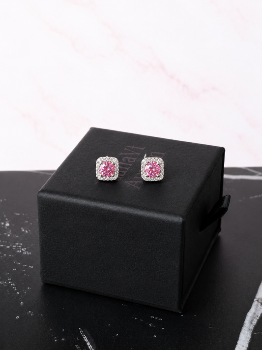 Pink Moissanite Halo Stud Earrings – 925 Sterling Silver