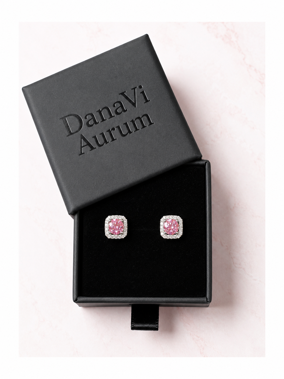 Pink Moissanite Halo Stud Earrings – 925 Sterling Silver