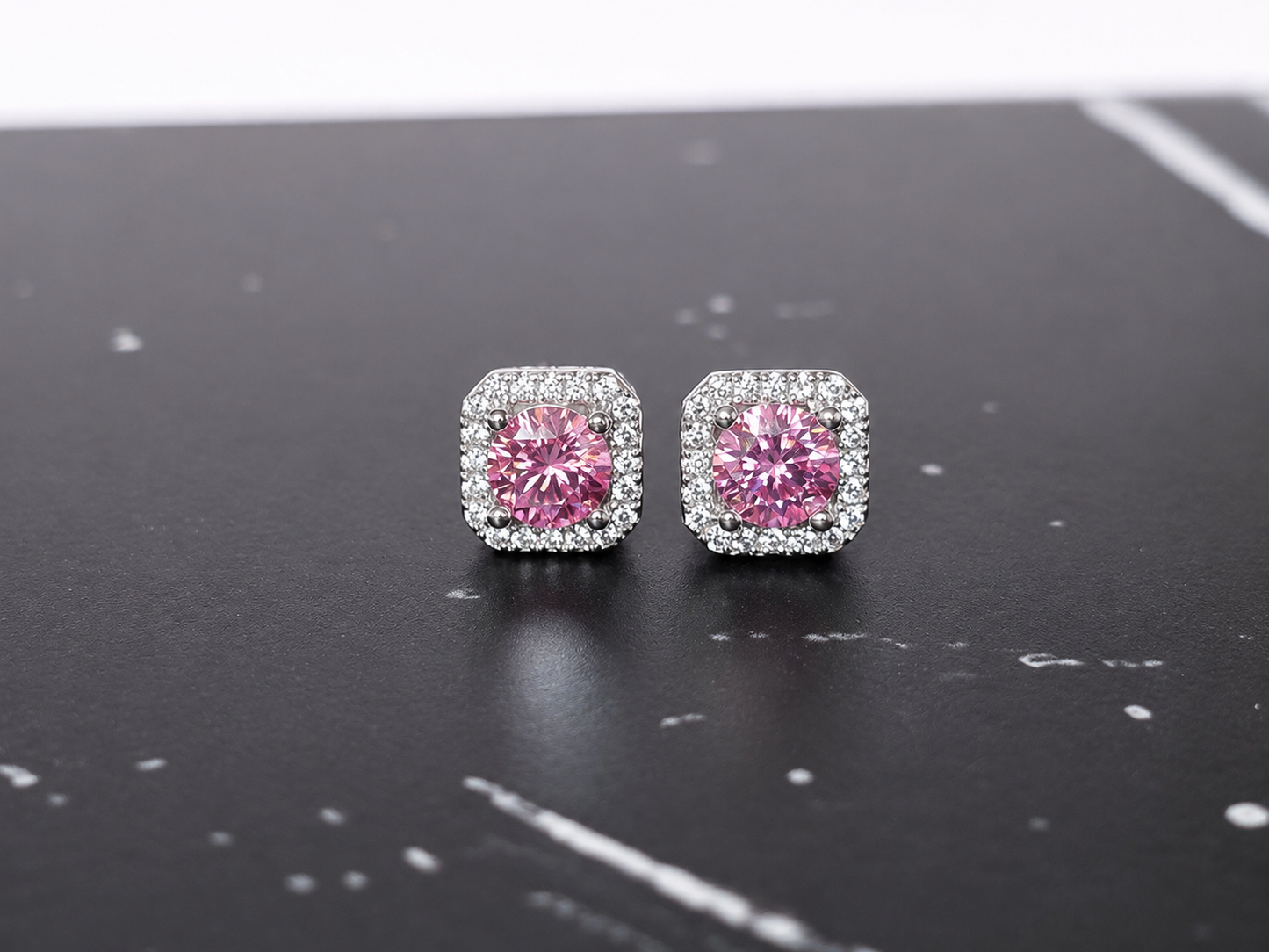 Pink Moissanite Halo Stud Earrings – 925 Sterling Silver