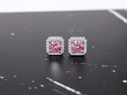 Pink Moissanite Halo Stud Earrings – 925 Sterling Silver
