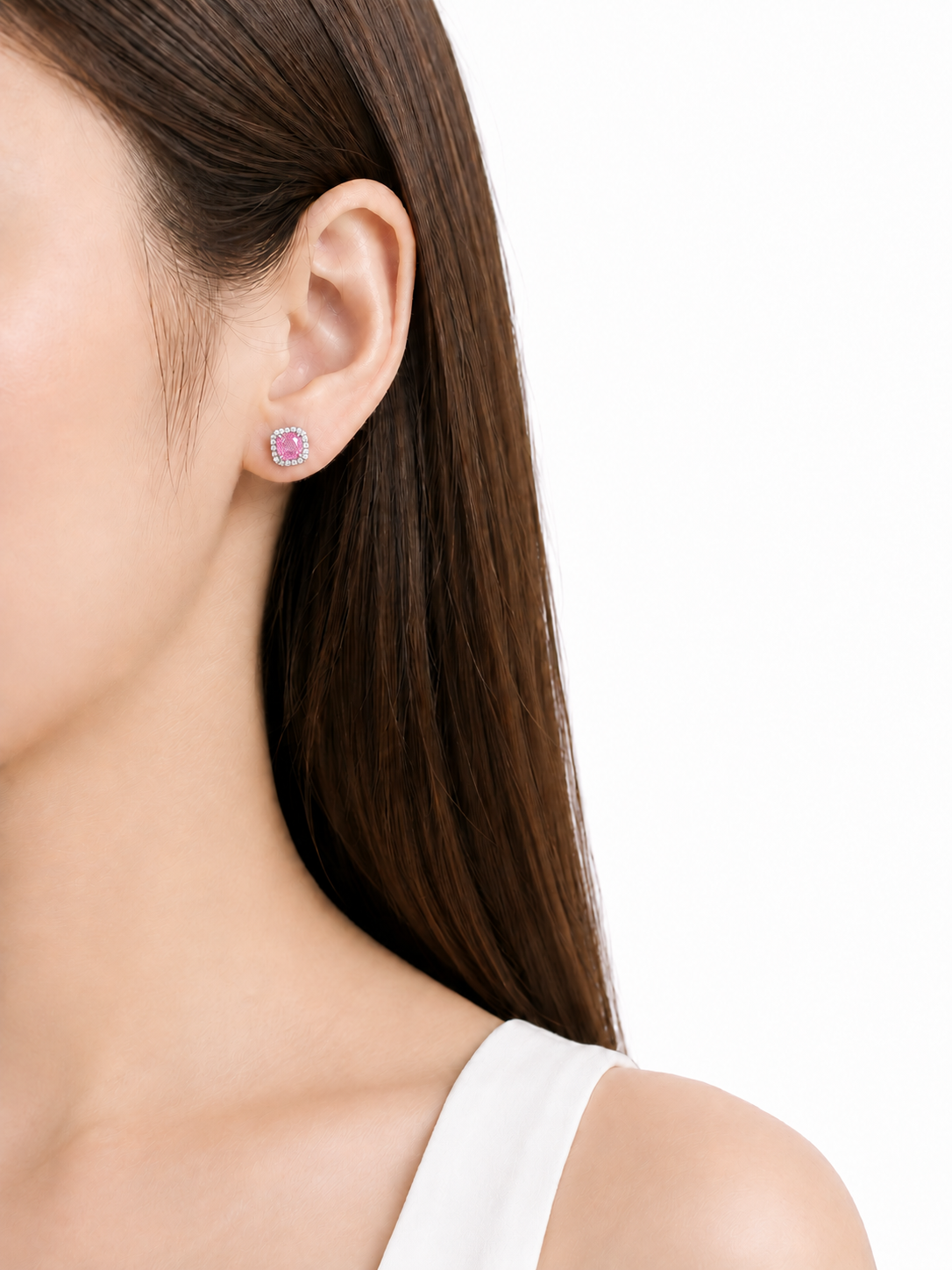 Pink Moissanite Halo Stud Earrings – 925 Sterling Silver