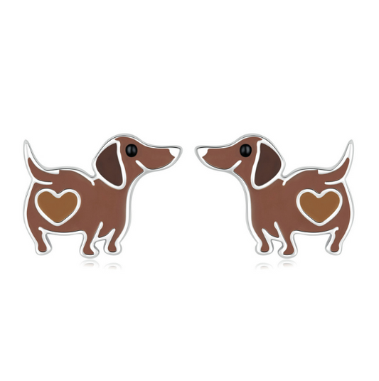 Cute Dachshund Stud Earrings – 925 Sterling Silver with Enamel & Heart Detail