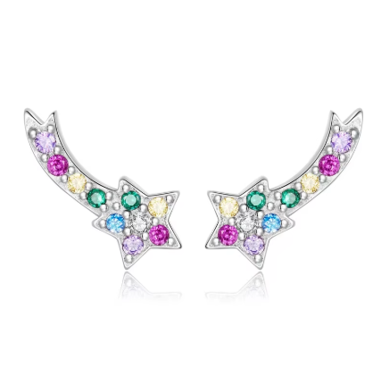 925 Sterling Silver Shooting Star Stud Earrings – Enamel Rainbow Gem Detail | Hypoallergenic Gift for Girls, Teens & Women