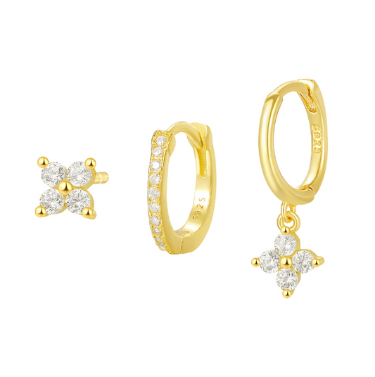 Clover Luxe – 3-Piece 18k Gold Plated 925 Sterling Silver Zircon Earring Set