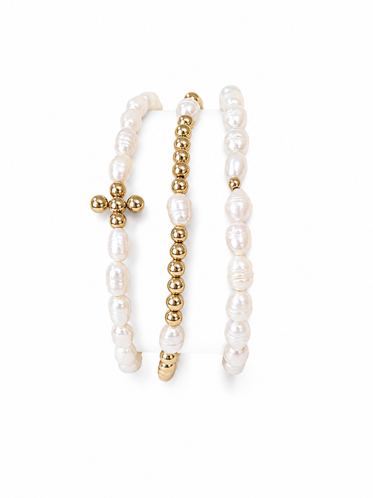 Set of 3 Golden Pearl Charm Bracelets – 18K Gold Plated | Elastic Fit | Miyuki Beads