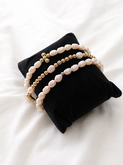 Set of 3 Golden Pearl Charm Bracelets – 18K Gold Plated | Elastic Fit | Miyuki Beads