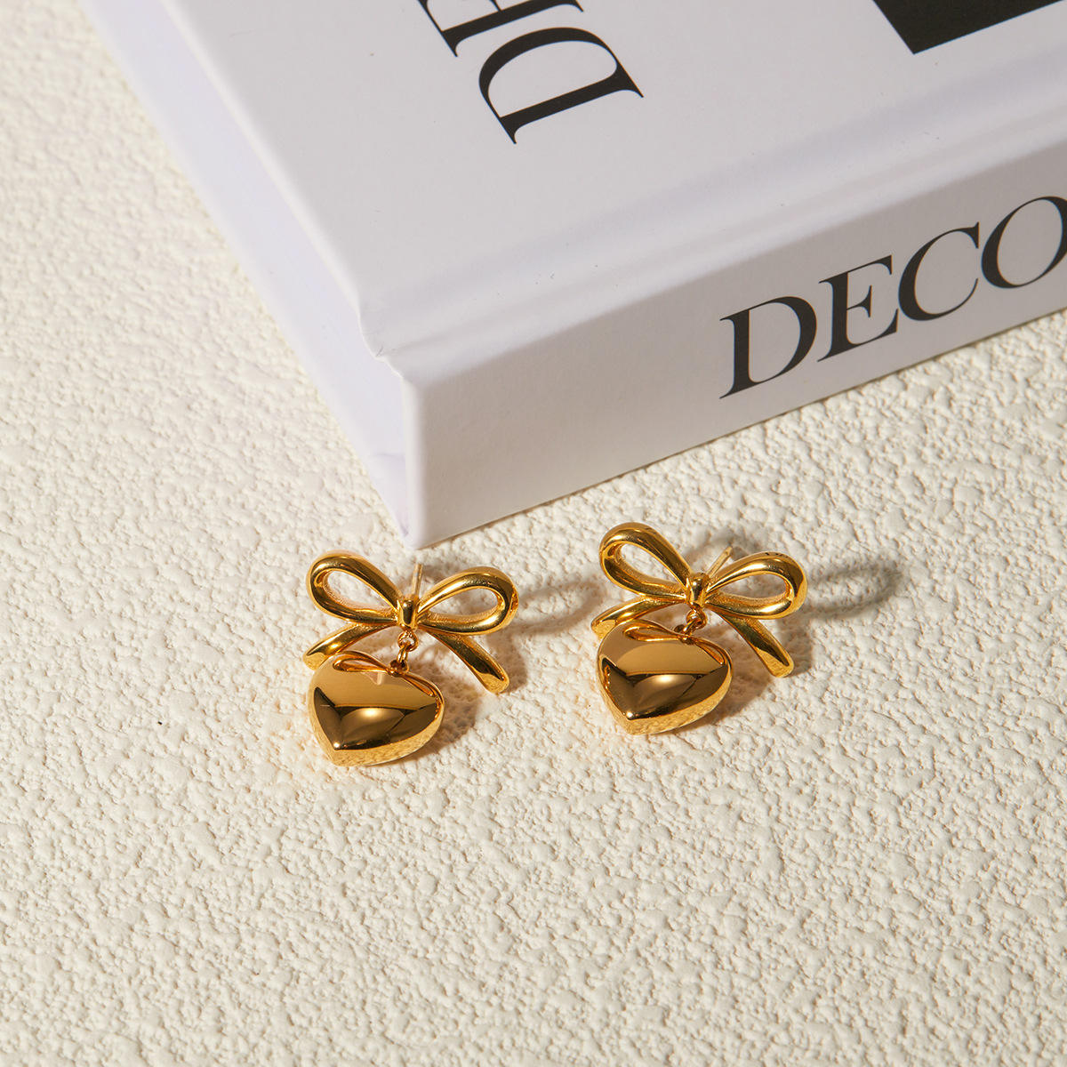 Bow Heart Drop Earrings – Gold Tone