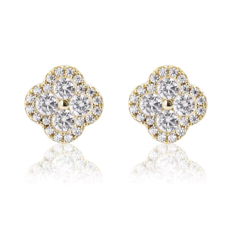 925 Sterling Silver Clover Stud Earrings – 14K Gold Plated