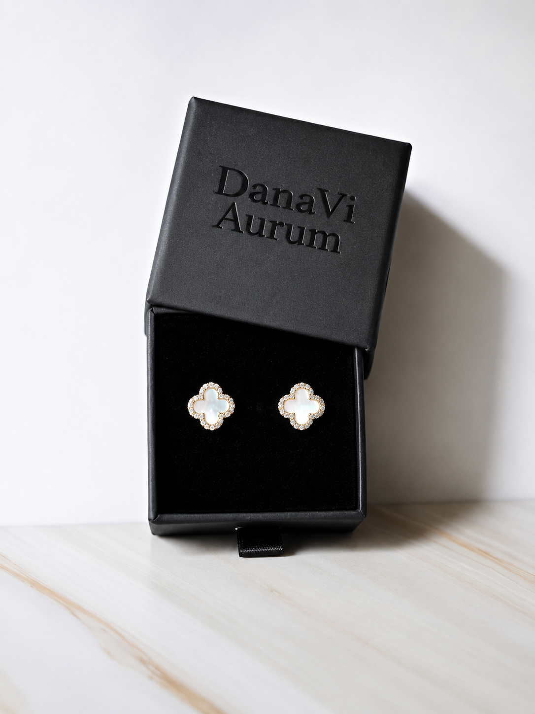925 Sterling Silver White Clover Stud Earrings – 14K Gold Plated
