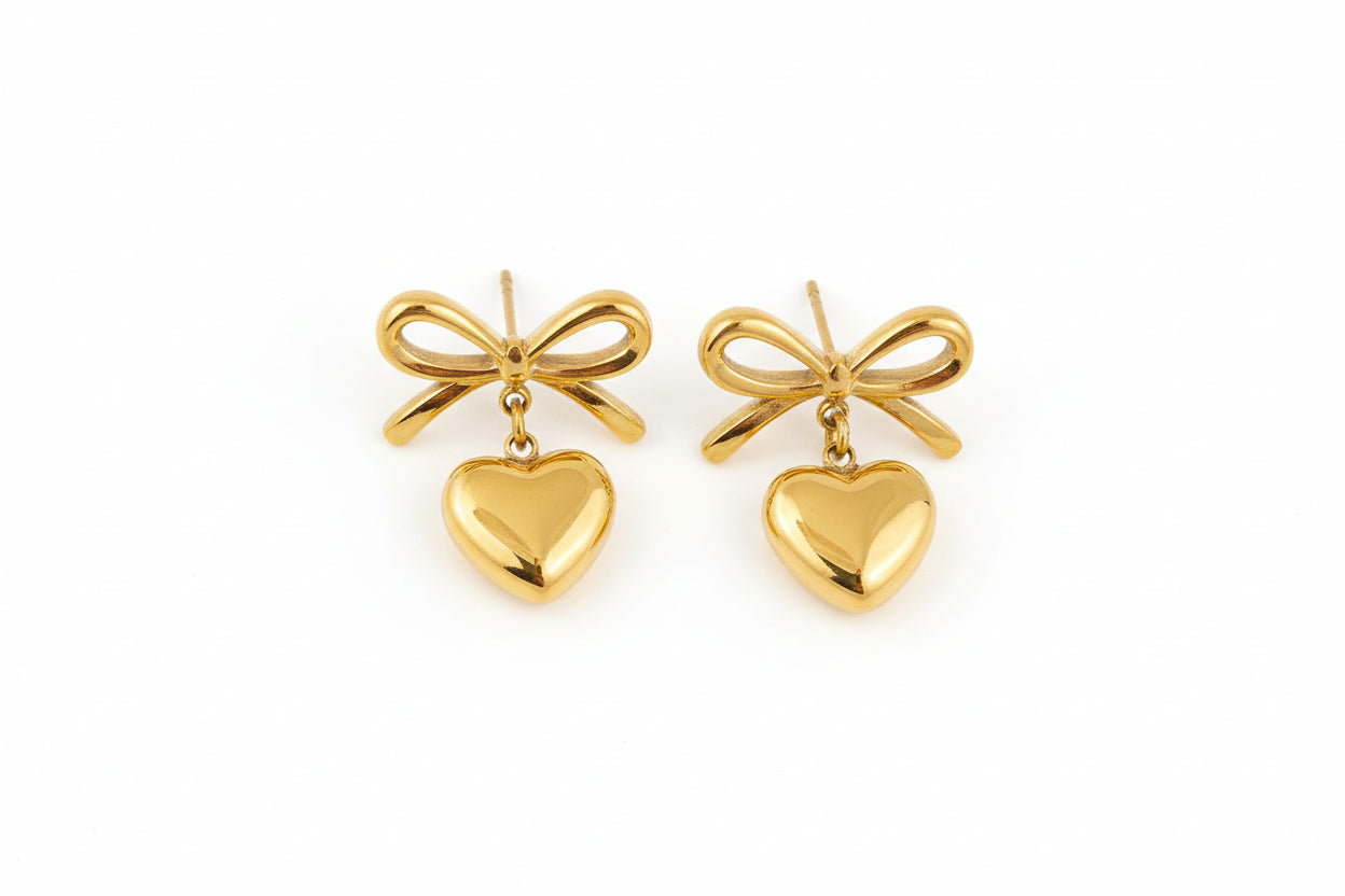 Bow Heart Drop Earrings – Gold Tone