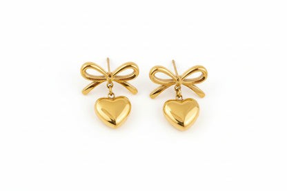 Bow Heart Drop Earrings – Gold Tone