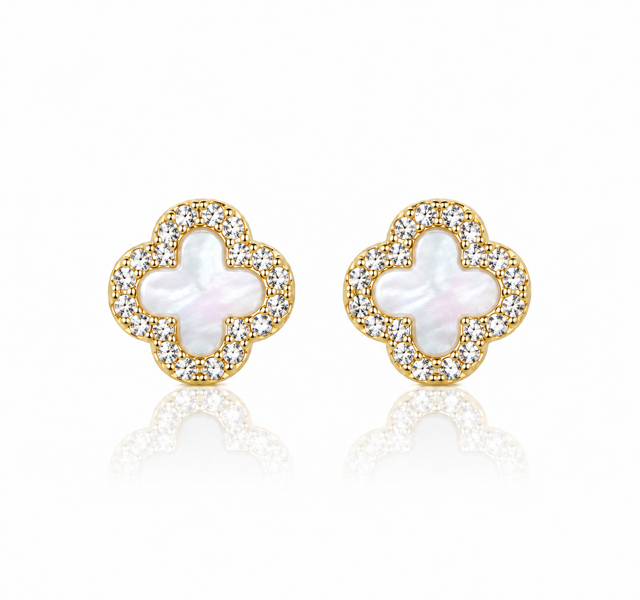 925 Sterling Silver White Clover Stud Earrings – 14K Gold Plated