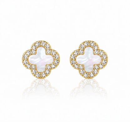 925 Sterling Silver White Clover Stud Earrings – 14K Gold Plated