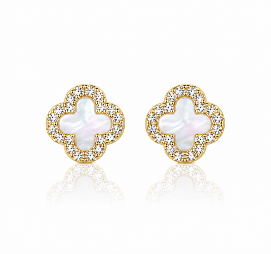 925 Sterling Silver White Clover Stud Earrings – 14K Gold Plated