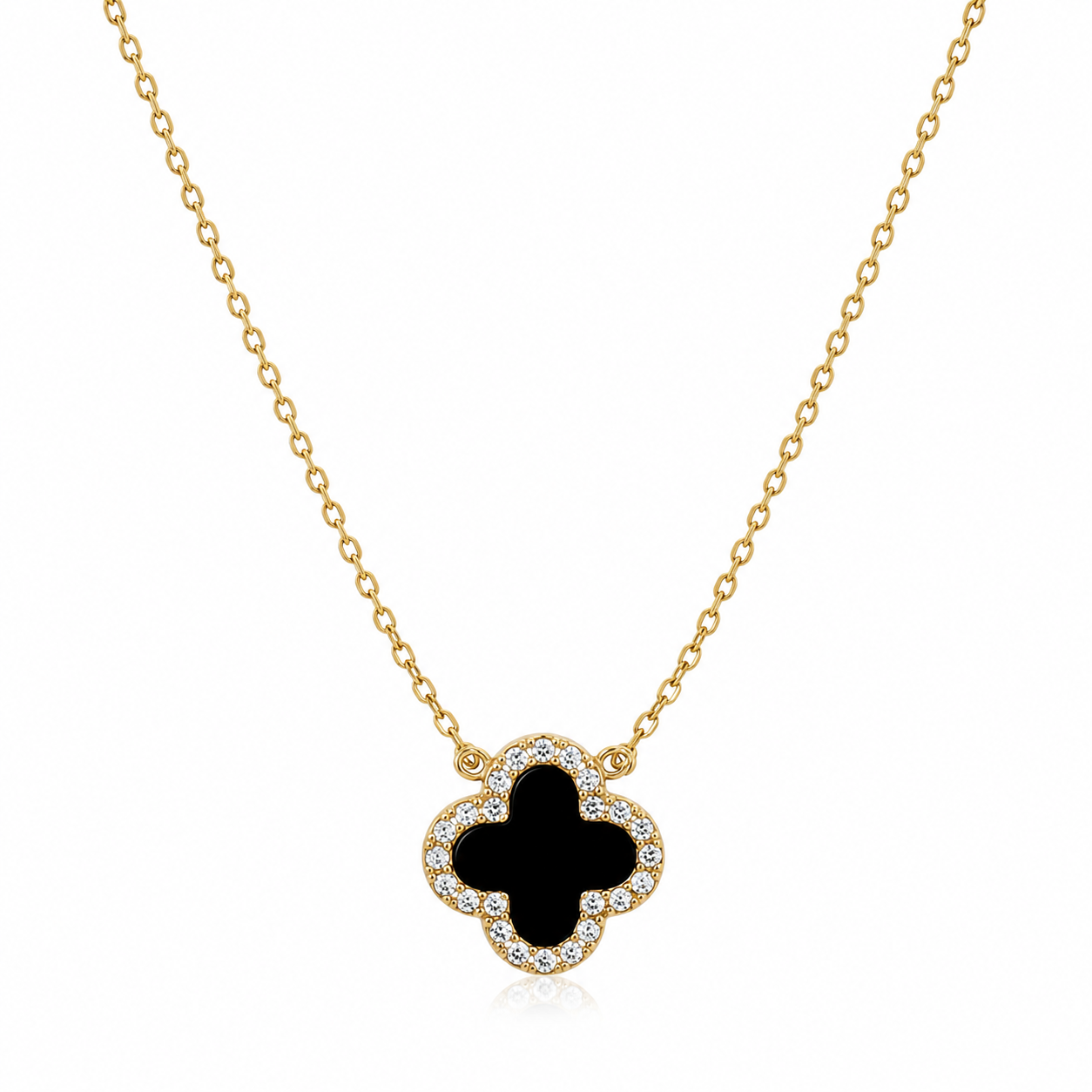 925 Sterling Silver Black Clover Necklace – 14K Gold Plated