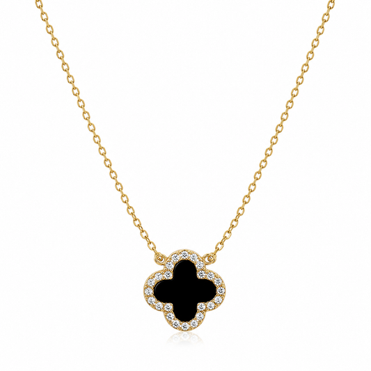 925 Sterling Silver Black Clover Necklace – 14K Gold Plated