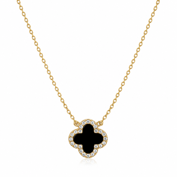 925 Sterling Silver Black Clover Necklace – 14K Gold Plated