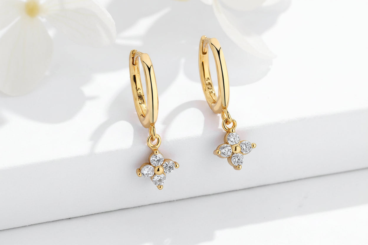 925 Sterling Silver Gold Plated Mini Clover Hoop Earrings
