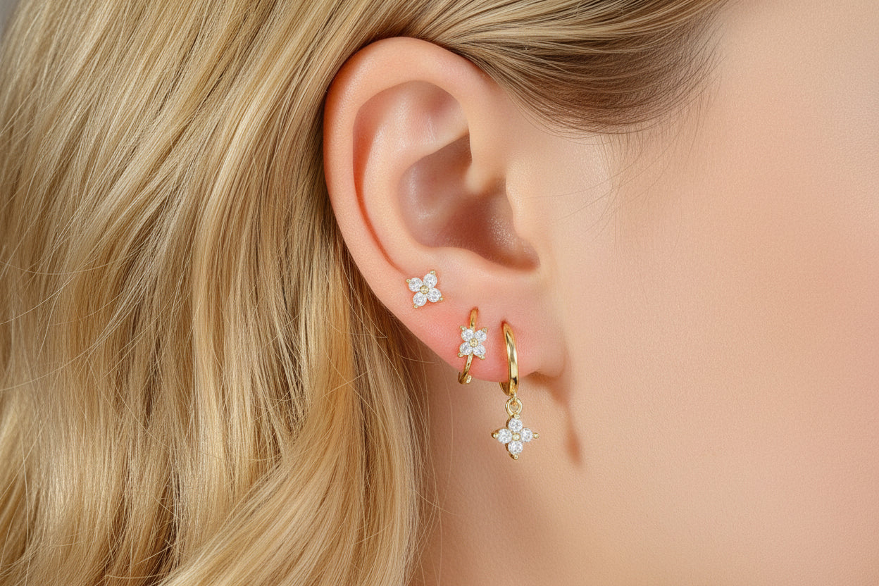 925 Sterling Silver Gold Plated Mini Clover Hoop Earrings