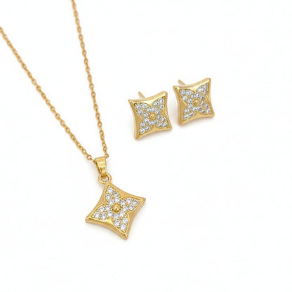 Rhombus Clover Crystal Necklace & Studs Earrings Set