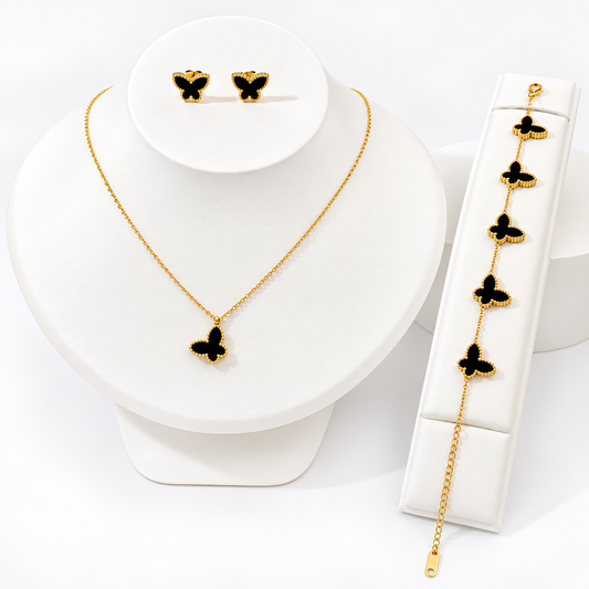 18K Gold-Plated Black Butterfly Jewellery Set