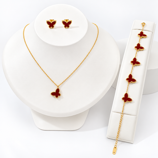 18K Gold-Plated Dark Red Butterfly Jewellery Set